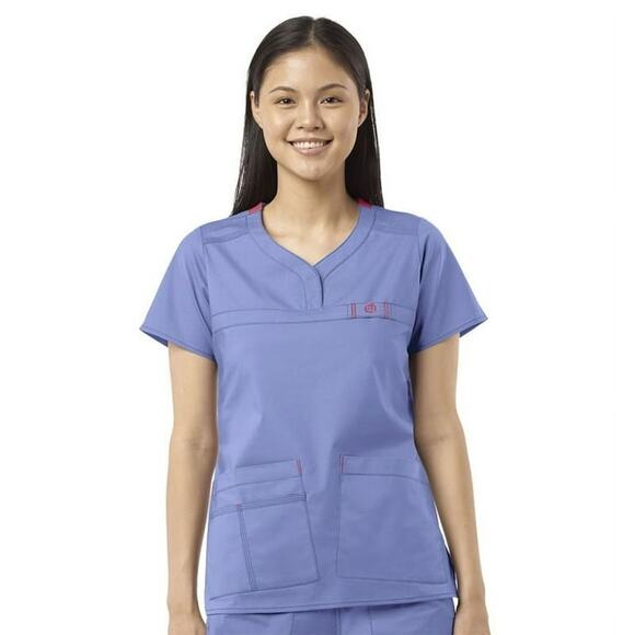 WonderWink WonderFLEX Women’s Utility Scrub Top Blue 2X Soft Stretch Workwear - Picture 2 of 8